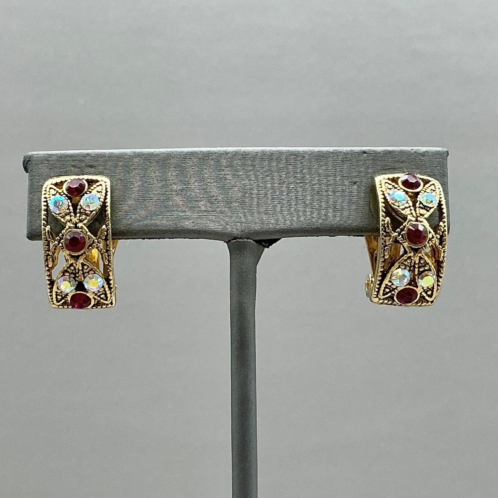 Clip On Earrings Women Gold Red Pink Rhinestone Crystal Filigree Huggie Hoops